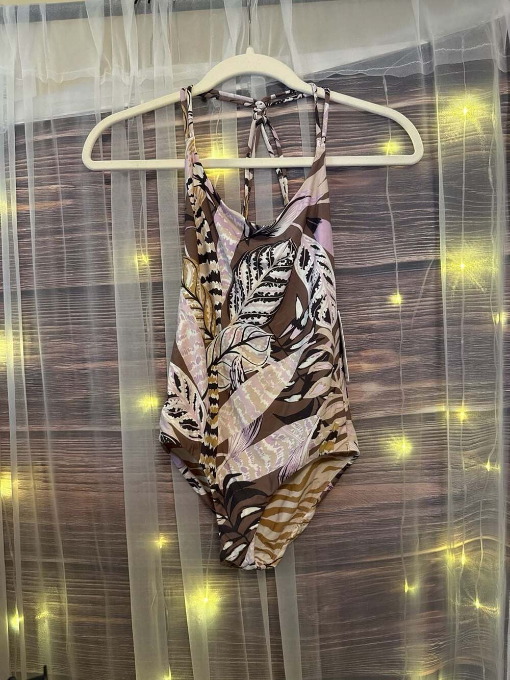 Unsubscribed Tropical Leaf Print One Piece Ruched Halter Swimsuit
